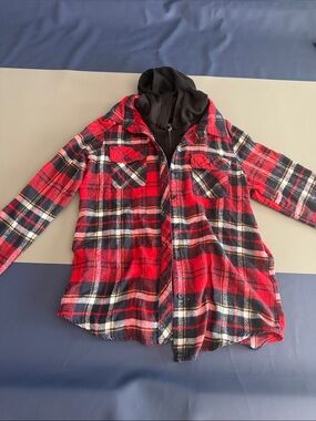 Ci Sono Red Black Plaid Hooded Button-Front Shirt Jacket